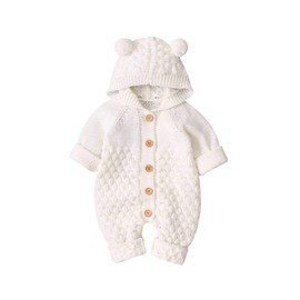 LOPJGH Newborn Baby Girls Boys Hooded Sweater Romper KnitBear Ear Long Sleeve Solid Color Button Jumpsuits Winter Clothes (White, 12-18 Months)