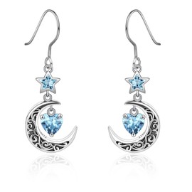 Qings Moon Earrings with Birthstone Sterling Silver 925 Celtic Crescent Moon and Star Heart Birthstone Cubic Zirconia Drop Earrings for Women Mother, Sterling Silver, Cubic Zirconia