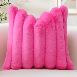 OTOSTAR Hot Pink Faux Rabbit Fur Throw Pillow Cover 16x16 Inch Soft Cozy Plush Striped Pillowcase Cushion Cover with Velvet Back for Sofa Couch Bed Living Room