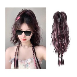 MIUPOO Womens Braided Hairpiece with Claw Clip,Fountain Ponytail Claw Clip,Boxing Braids Hair,Womens Wigs Long Hair,Colorful Highlights High Ponytail,Pink