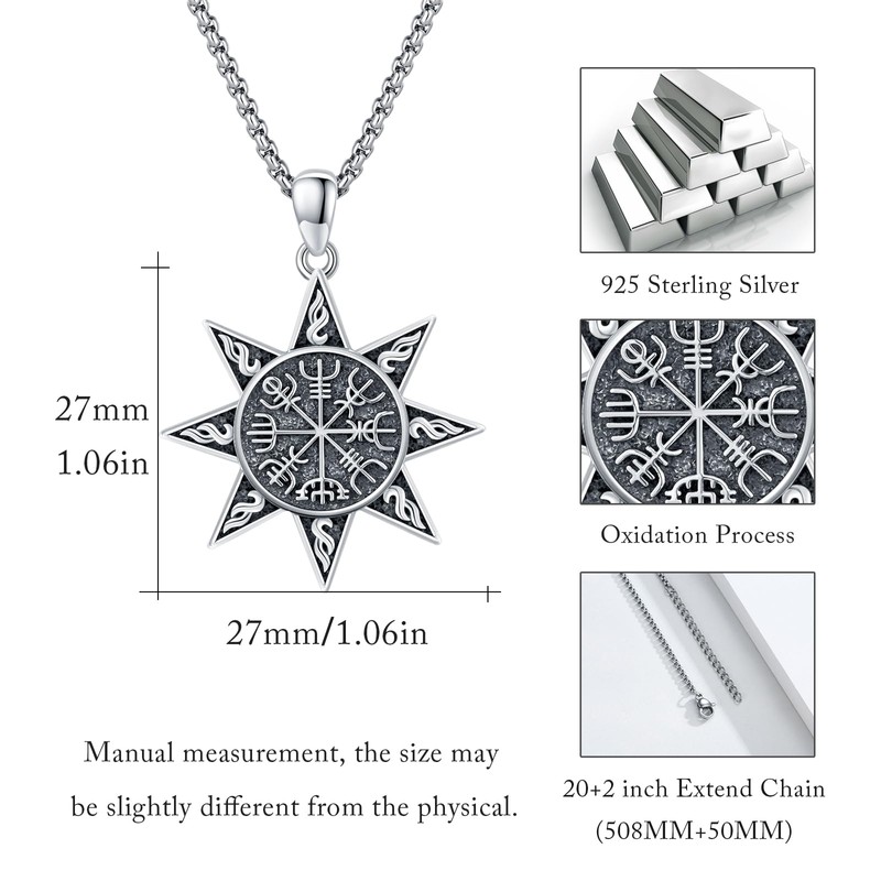MEDWISE Viking Compass Eight-pointed Star Pendant Necklace 925 Sterling Silver