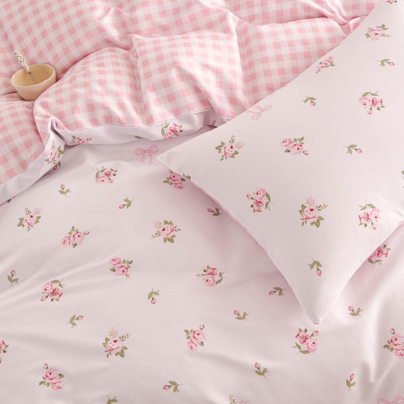 Pink Floral Comforter Set Queen Reversible Pink Gingham Bedding