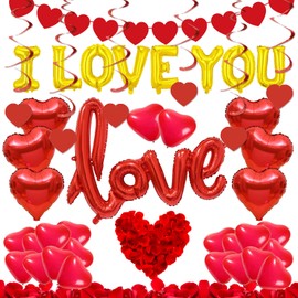 Valentine's Day Decorations I Love You Red Balloons and Heart Balloons Kit with 1000Pcs Dark-Red Silk Rose Petals Romantic Flower Decoration Red Heart Balloons for Wedding Birthday Party Decorations
