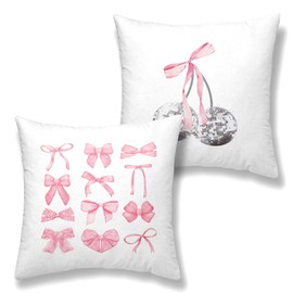 OGILRE Pink Coquette Preppy Bow Cherry Bedding Throw Pillow Covers Pink Downtown Girl Room Decor Trendy Aesthetic Cute Throw Pillow Cases 18x18 Disco Ball Pillowcases for Teen Sofa Dorm (Only One)