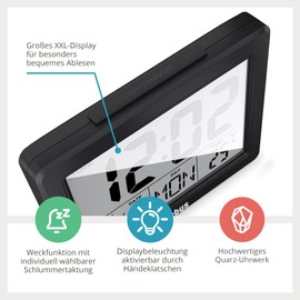 Mebus 25739 Digital Alarm Clock with Extra Large Display and Temperature Display, Easy to Read Alarm Clock, Snooze, Button Lighting, Clap & Snip, Colour: Black