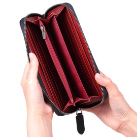 VISOUL Leather Long Zipper Cash Wallets for Men with RFID Blocking Two-Tone, Carbon Fiber Large Clutch Money Purse (Black+Burgundy)