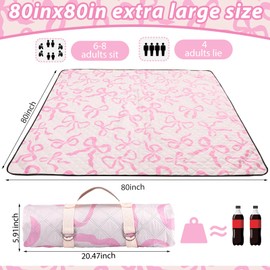SmoothNovelty Pink Bow Picnic Blanket 80'' x 80'' Waterproof Extra Large Camping Blanket Coquette Picnic Mat Foldable Portable Preppy Outdoor Beach Mat with Carry Strap for Outdoor Grass Lawn Park
