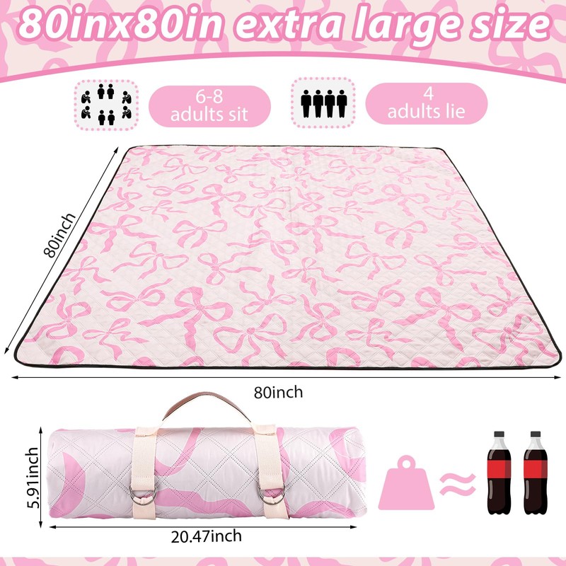 SmoothNovelty Pink Bow Picnic Blanket 80'' x 80'' Waterproof Extra