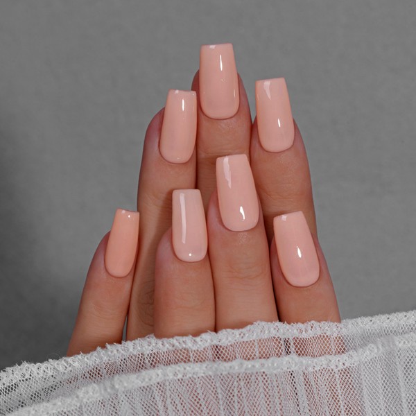 KQueenest Peach Pink Press On Nails Long Square - Summer
