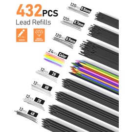 Four Candies 25PCS Art Mechanical Pencil Set with Case, 3PCS Metal Artist Lead Pencil 0.5, 0.7, 0.9 mm & 3PCS 2mm Holder (HB 2H 2B 4B Color) with 432PCS Graphite Lead Refills for Drawing Sketching