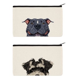 WIRESTER Set Of 2 Canvas Zipper Makeup Bag, Cosmetic Pouch, Organizer Case for Women Girl, Multi-Purpose Travel Cosmetic Bag - Schnauzer Puppy Dog, Smiling Blue Pit Bull Dog