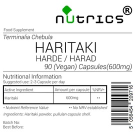 Nutrics® 600mg HARITAKI Harad Harde 100% Pure 90 V Capsules (1 Month Supply) - Terminalia Chebula - Suitable for Vegan Vegetarian Halal & Kosher Diet