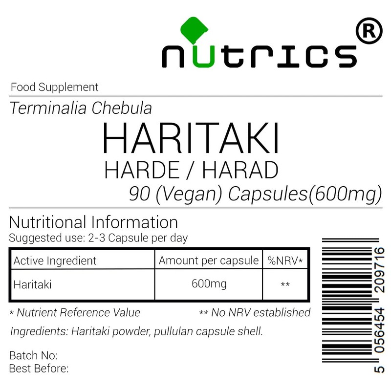 Nutrics® 600mg HARITAKI Harad Harde 100% Pure 90 V Capsules