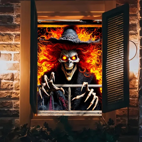 BlissYard Halloween Window Cover Fiery Eyed Skeleton Witch Behind Broken