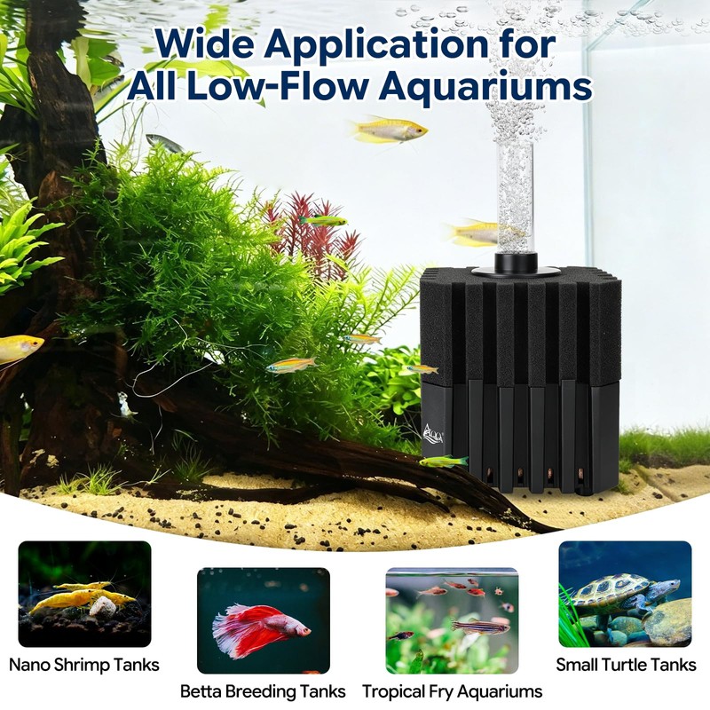 AQQA Aquarium Sponge Filter with Quartz Bio Media, Whisper Quiet