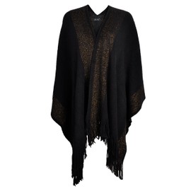 ZLYC Women's Lightweight Shawl Golden Trim Textured Knit Blanket Wrap Fringe Poncho with Contrast Trims (Black),One Size