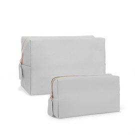 Adegari Makeup Bag for Women Girls, 2 Pieces Portable Cosmetic Bags Organizer Preppy Makeup Pouch PU Leather Waterproof Travel Toiletry Bag for Mom Daughter friend Wife, Grey