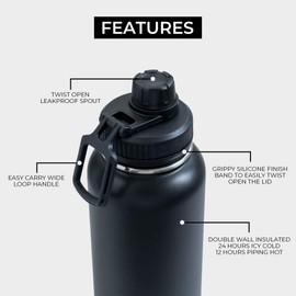 BOZ Stainless Steel Water Bottle 1l, Insulated Water Bottle, Wide Mouth BPA Free 1 Litre Water Bottle, Vacuum Double Wall Metal Water Bottle, Matte Black Water Bottle