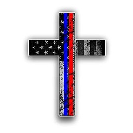Thin Blue and Red Line Cross USA Flag American Flag Blue and Red StripeHonor and Support of Our Officers Firefighters EMT and Paramedics Vinyl Bumper Sticker Decal 5"