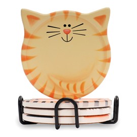Set of 4 Cat Ceramic Coasters Absorbent with Non-Slip Cork Base with Metal Holder for Home, Bar, Restaurant, Kitchen