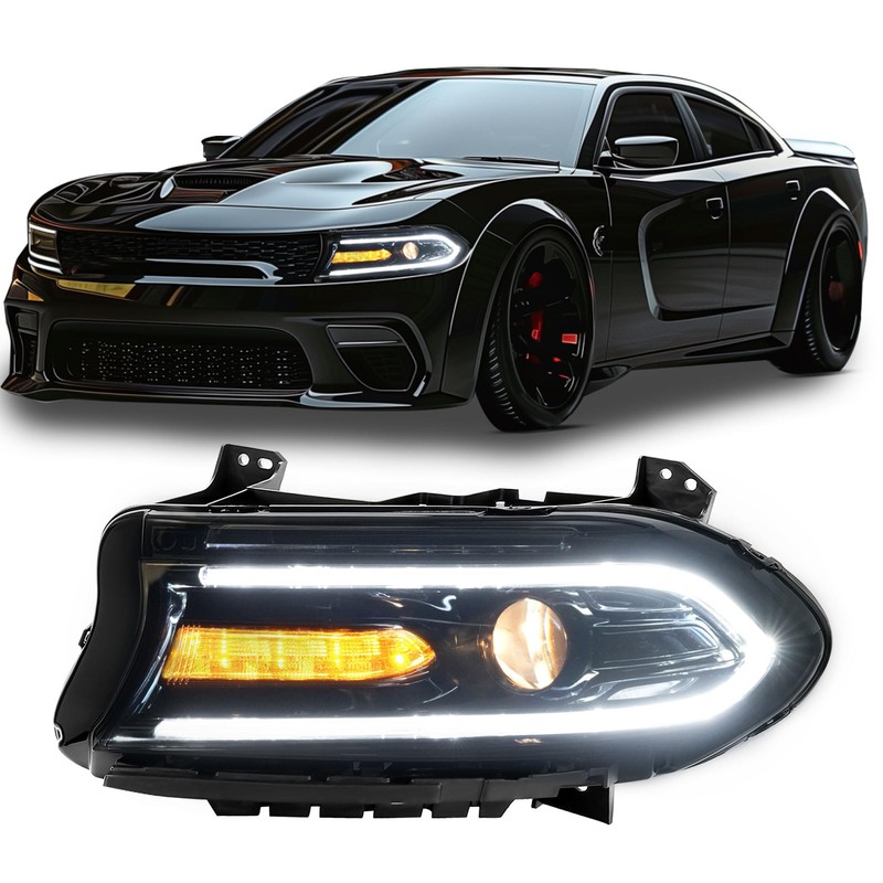 HECASA Left Headlight Assembly with Bulb&LED Compatible with 2015-2023 Dodge