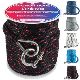 Premium Anchor Rope 50 ft x 3/8 inch, Solid Braid MFP Anchor Line Boat Rope Marine Rope,Boat Anchor Rope with Thimble & Shackle - Black/Red