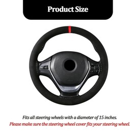 TNAIYH Car Steering Wheel Cover, 14.5-15" DIY Stitch on Suede Steering Wheel Wrap Protector with Needle and Thread, Sewing Auto Guard for Comfort Grip, Universal Fit (Black Red-Black Line)