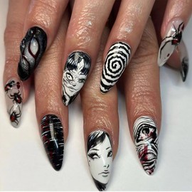 24Pcs Punk Black Press on Nails Medium Almond Fake Nails Gothic Cartoon Anime Design Goth Black White Full Cover Acrylic False Nails Glossy Reusable Design Glue on Nails for Women Acrylic Manicure