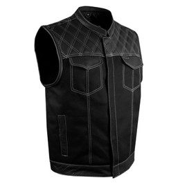 GARGOYLE BELLS Men's Denim & Leather Motorcycle Vest SOA Biker Club Vest with Diamond Padding Snap/Zipper For Riding (as1, numeric, numeric_42, regular, regular, Black with White Thread)