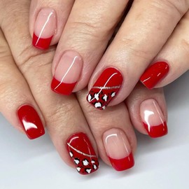 Press on Nails Short Square Fake Nails with Leopard Print Designs French Tip Nails Press ons Glossy Glue on Nails Red Acrylic False Nails Stick on Nails for Women DIY 24Pcs
