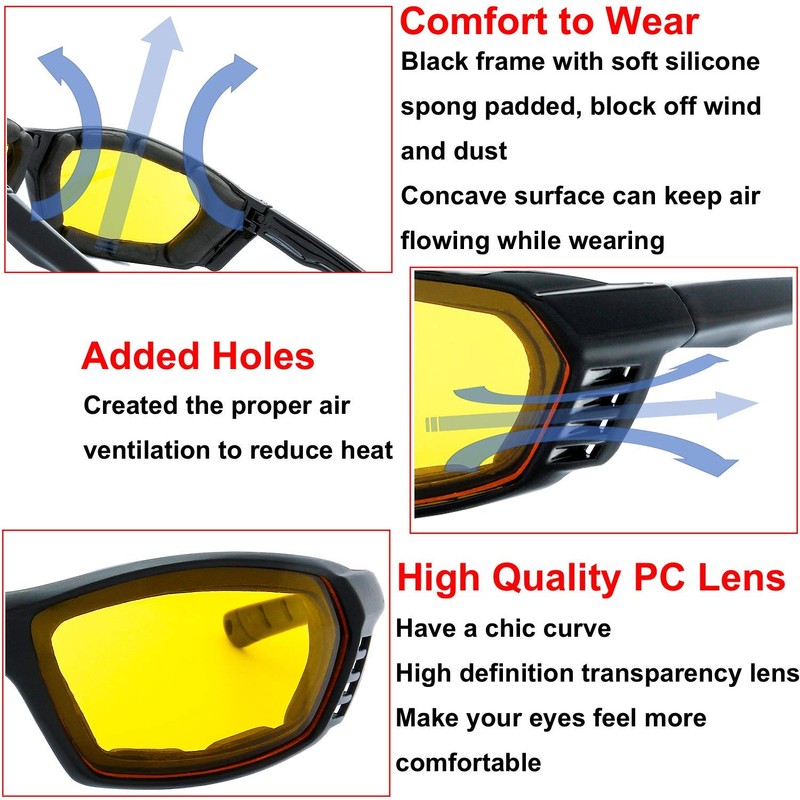 3 Pairs Motorcycle Riding Glasses Padded Frame Lens Block 100%