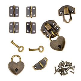 2 Sets 32.5X 25.5mm Hasp Latch and Mini Box Hinges Antique Bronze Love Locks Decorative Lock Buckle with Keys and Screws for Jewelry Wooden Box and DIY Crafts