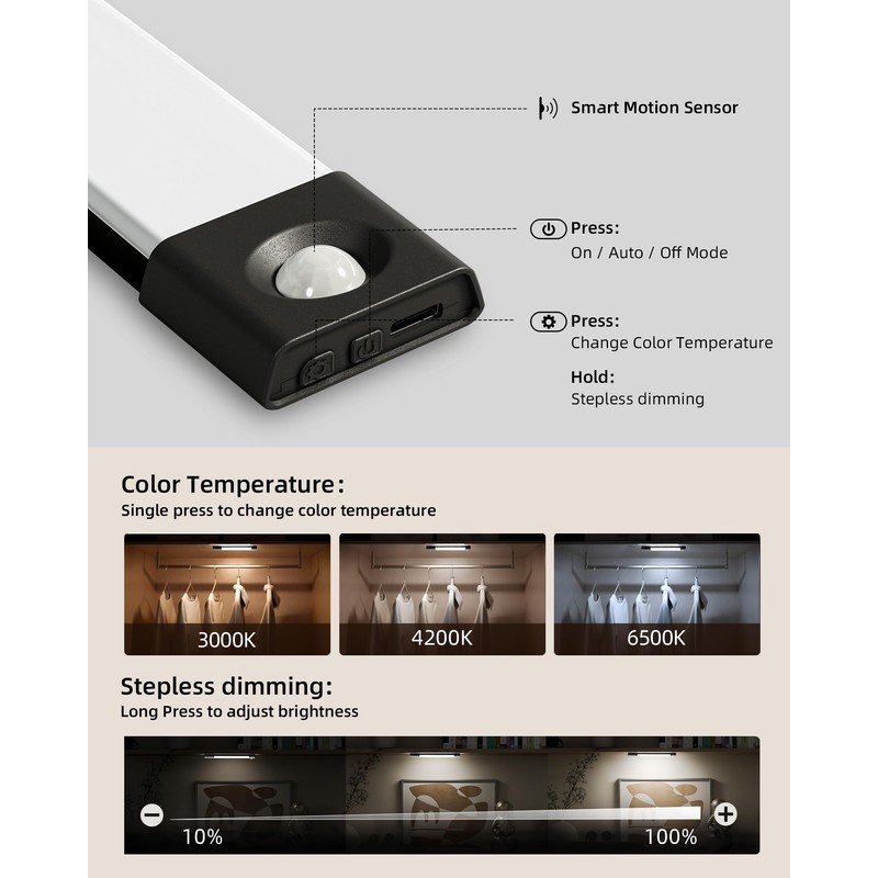 EZVALO Under Cabinet Lighting, Wireless Closet Lights, 30 LED Rechargeable