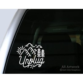 Unplug Decal, Get Away Sticker - Get into Nature, Popular Sayings, Go Outside, Outdoor Recreation - Vinyl - Car Window Decal, Bumper Sticker (5 inches Wide, White)
