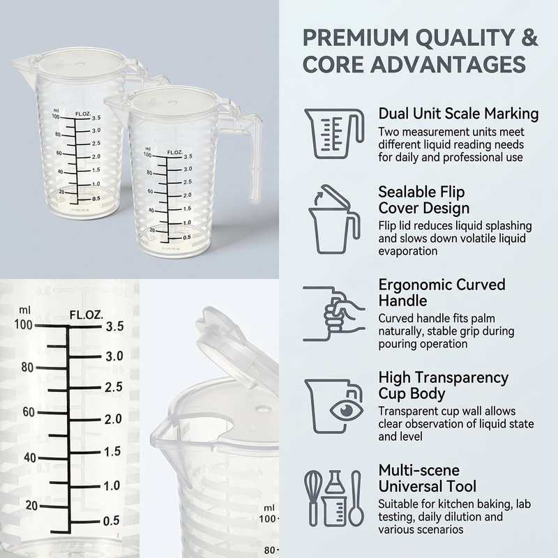 2 Pack Measuring Cup With Lid 100ml PP Black Graduated
