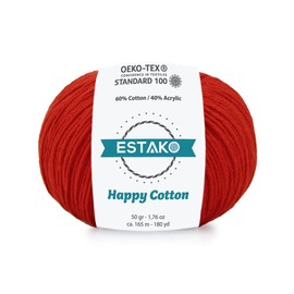 Estako Happy Cotton, 60% Cotton 40% Acrylic Yarn, Soft, Fine/Sport (2) for Crochet and Knitting 1.76 Oz (50g) / 180 Yrds (165m) (4510 - Red)