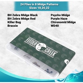 Feeder Creek Fly Fishing Flies | 24pc Midge Fly Fishing Assortment, 8 Wet Flies & Dry Flies Patterns | Fly Fishing Kit | Sizes 18, 20, 22 in Fly Box | Great for Beginners