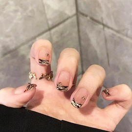 Leopard Print French Press on Nails Short Square Black Curve Line False Nails Rhinestones Gel Glue on Nails Glossy Gold Glitter Acrylic Fake Nails Sparkly Stick on Nail for Coquette Women Girls 24Pcs