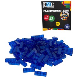 CMC imports 30 Clamping Blocks, Building Blocks, Basic Building Blocks, 1 x 4 Nubs, Compatible Bricks, 34 Different Colours (192 - Blue - Transparent)