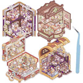 Cute 3D Scene Stickers for Kids, 4 Sets DIY 3D House Scene Stickers, Multi Themed Magic Treasure Chest