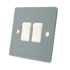 AET FSC2GSWIWH Satin Chrome Flat White Insert Plastic Rocker Switches-10 Amp Double 2-Gang 2 Way Light Switch, 240 V