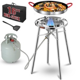 ARC Nonstick Paella Pan, Stainless Steel Burner and Stand Set, Paella Set with Propane Burner Head, Carry Bag, Wok Spatula, Foldable Brackets Perfect for Stockpot, Wok (16 in Paella Pan)