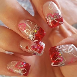 24Pcs Heart Press on Nails Short Square Valentine's Day Fake Nails with Red Nail Rhinestones Design Silver Glue on Nails Red French Tip False Nails Glossy Valentines Stick on Nails for Women Girls