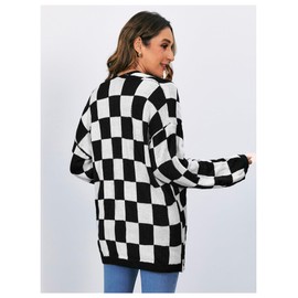 SHENHE Women's Oversized Plaid Outwear Open Front Knit Sweater Long Sleeve Casual Cardigan Black and White Medium