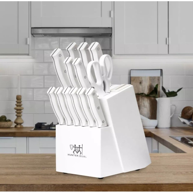 HUNTER.DUAL Kitchen Knife set, 15 Pcs w/ Block Self Sharpening,