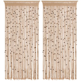 BECHAEO Macrame Beaded Curtain Boho Handmade Cotton Door String Curtain for Doorway Window Wooden Beads Hanging Hippie Room Divider Closet Bedroom Privacy Decor, 2 Panels 79" x 35"