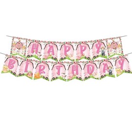 Pink Farm Animal Happy Birthday Banner Girl Farm Animals Party Banners Farms Animals Birthday Banner Cow Pig Donkey Bunting Banners for Animals Baby Shower Decor