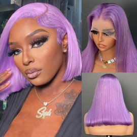 Lilac Bob Wig Human Hair 13X4 HD Transparent Lilac Short Bob Lace Front Wigs Human Hair Wear and Go Glueless Wig Pre Plucked with Natural Hairline 180 Density HD Lace Frontal Wigs for Women 12 Inch