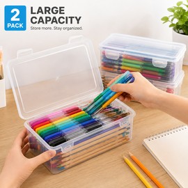 2-Pack Transparent Pencil Boxes for Art & School Supplies – Large Plastic Storage Cases with Secure Latch Lids for Pens & Crayons