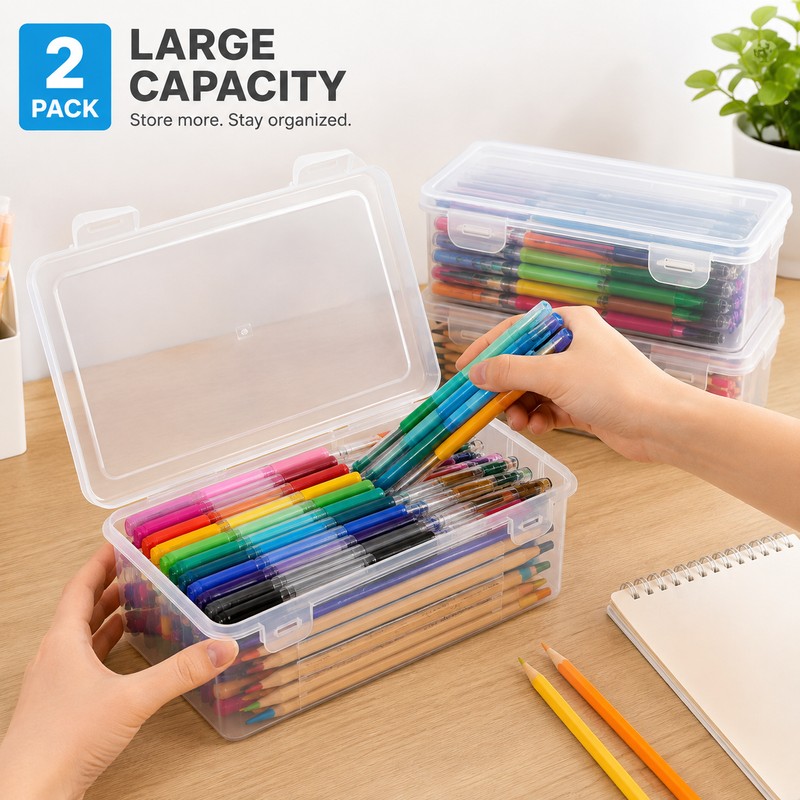 2-Pack Transparent Pencil Boxes for Art & School Supplies –